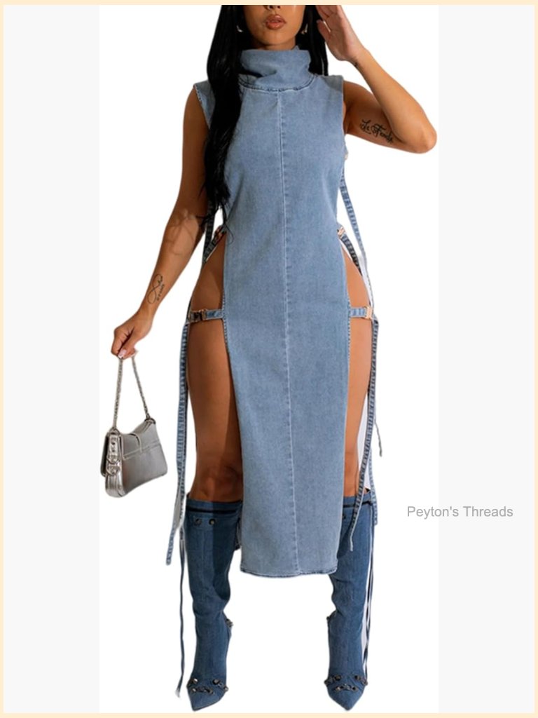 Distressed Boyfriend Denim Dress Casual Sleeveless Jean Midi Dress Cowgirl